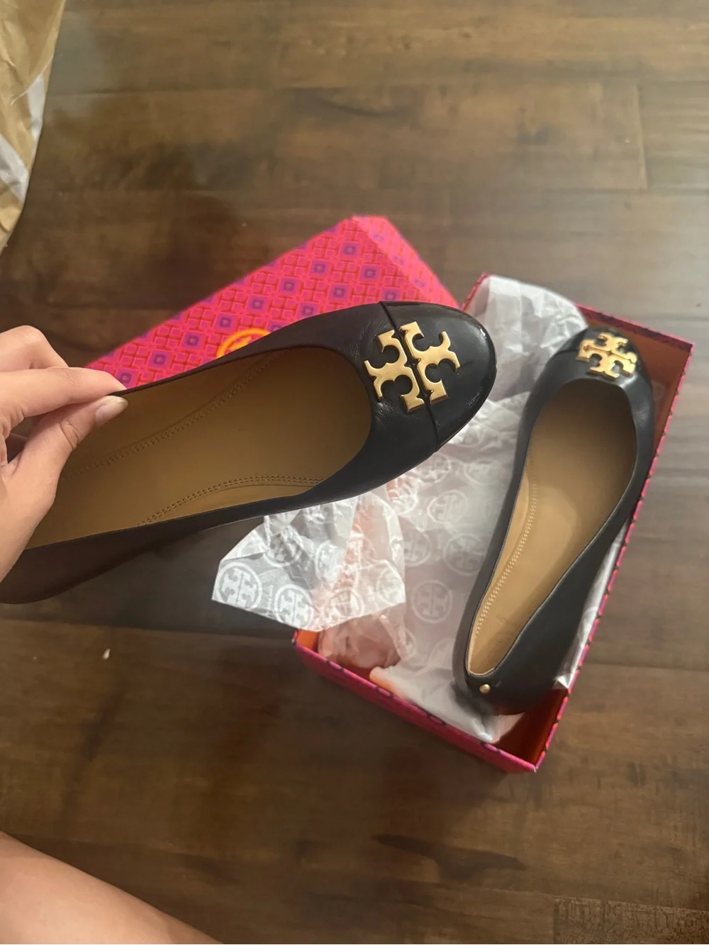 Tory Burch Black Ballet Flats with Gold Logo Medallion